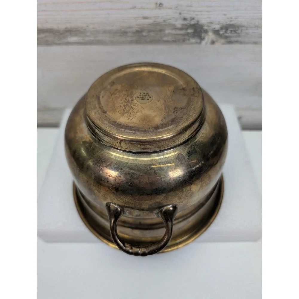 Vintage Solid Brass Two Handle Small Bowl Planter 4x5 In Made In India